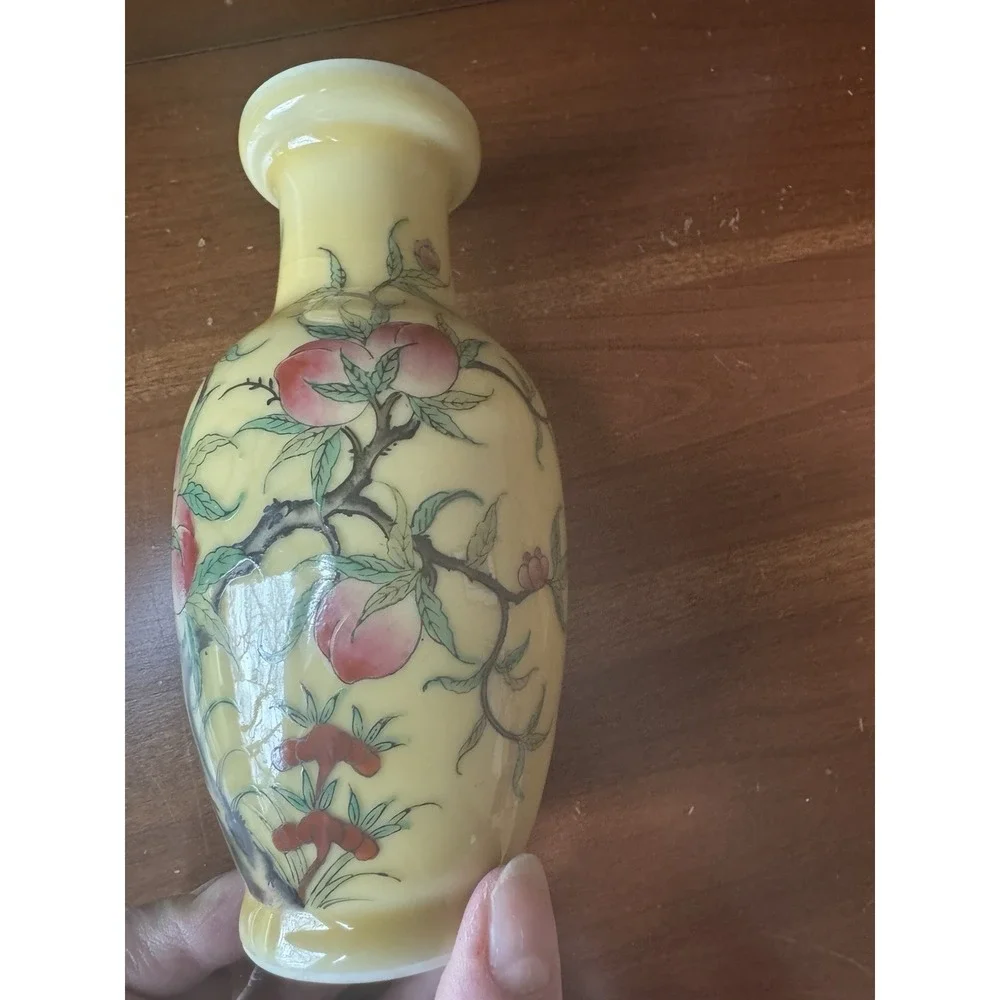 Vintage Chinese Peach Vase Hand Painted‎ Yellow Porcelain Decorated in Hong Kong